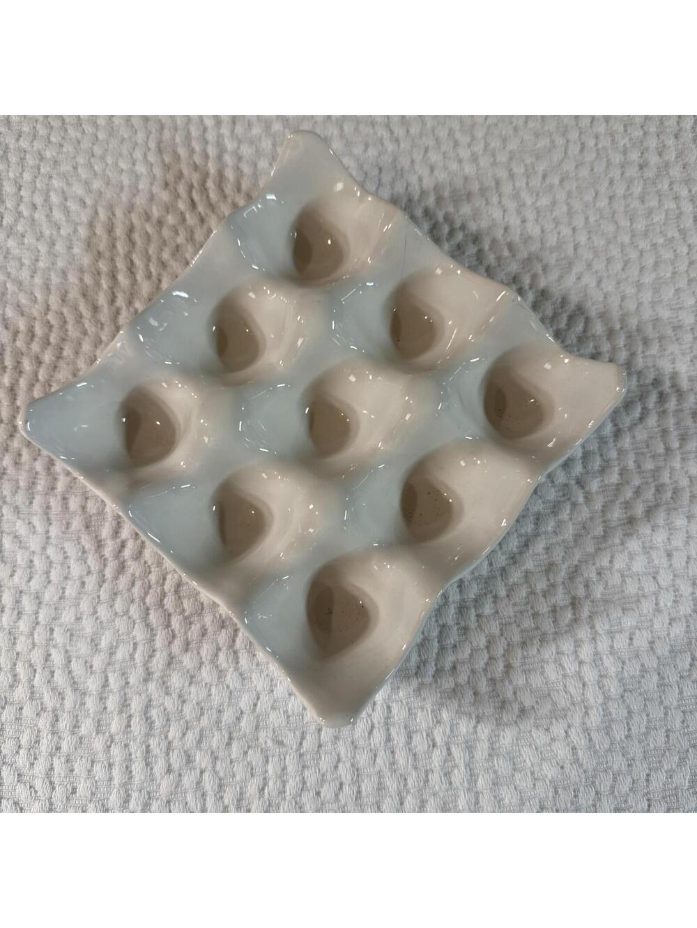 White Glossy Ceramic Egg Plate Tray, 9-Compartment, 5” X 5”